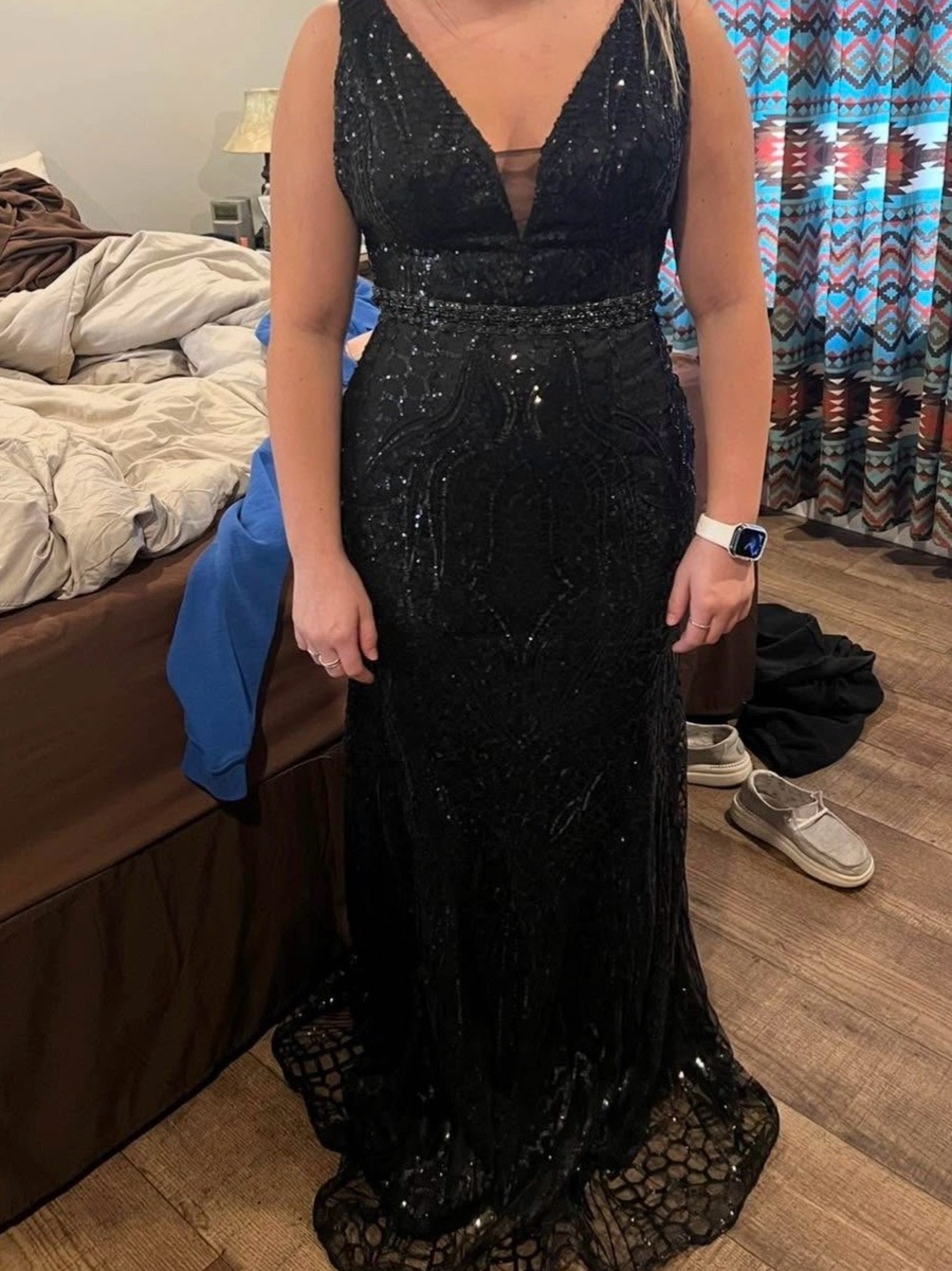 Black Sequin V-Neck Prom Gown with Beaded Waist